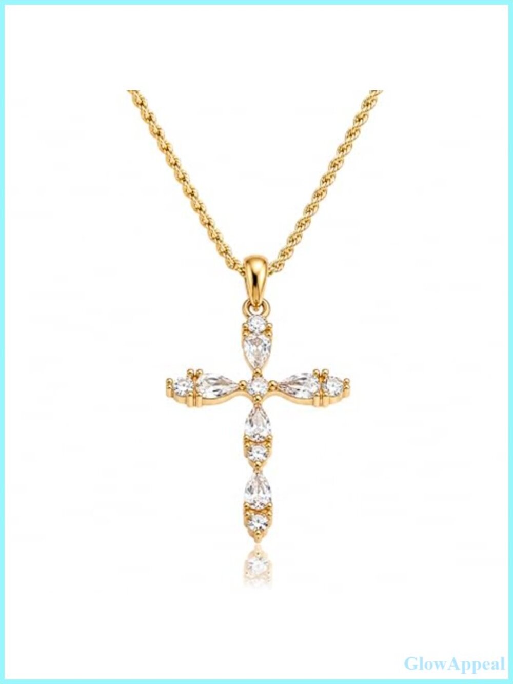 Gold Plated CZ Cross Pendant Necklace Rope Chain 17-19in